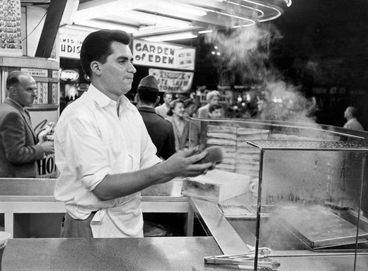 San Francisco, California  c. 1950. The vendor at  the foot-long hot dog stand at Playland At The Beach in San Francisco.