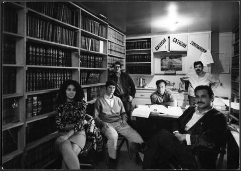 Left to right: Gloria Perlin, Chuck Farnsworth, David Perlin, Jerry Cohen, Chris Sanchez and David Averbuck. U.F.W. legal department, 1969.